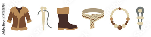 Set of prehistoric human clothing and tools including a fur coat, bone needle, boot, scarf, necklace, and awl in a flat vector illustration style