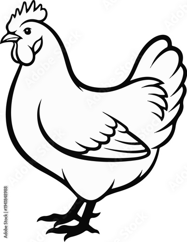 Stylized black and white line art illustration of a domestic hen standing on its legs