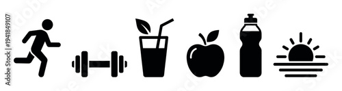 Set of black healthy lifestyle icons depicting a running person, dumbbell, smoothie, apple, water bottle, and sunrise for a balanced daily routine
