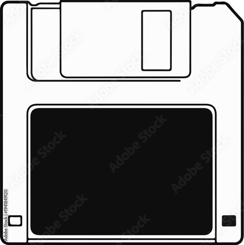 Simple outline illustration of a black floppy disk with a white border