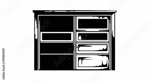 Simple line drawing of a filing cabinet with multiple drawers and a handle