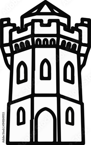 Stylized black and white outline drawing of a fortress with battlements and arched windows
