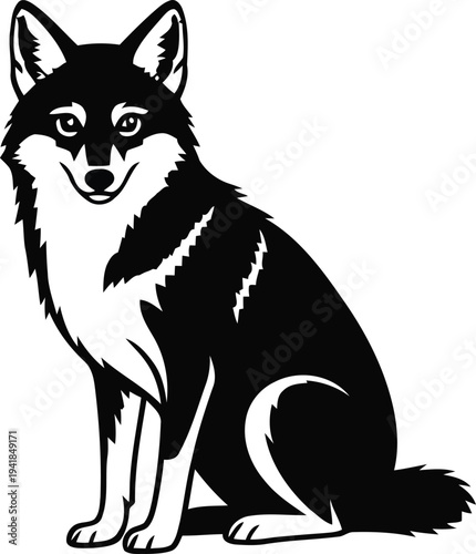 A black and white illustration of a sitting wolf with a curious expression
