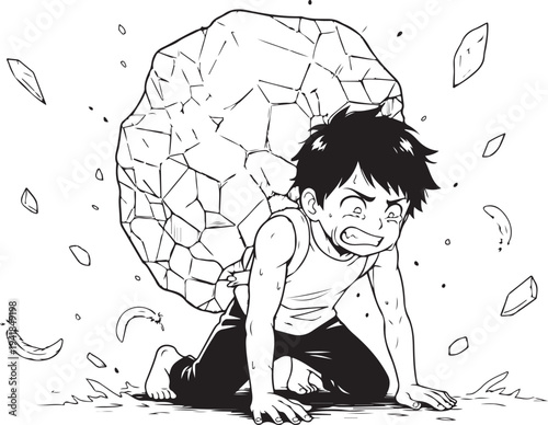 Vector illustration of a man struggling under a heavy boulder, cartoon style