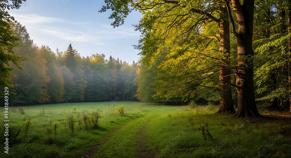 Fototapeta premium Forest clearing with sunbeams and a path through green grass
