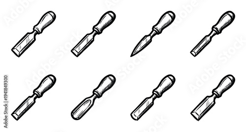 Set of hand-drawn wood carving chisels with various blade shapes in a black and white ink sketch style, showcasing a collection of tools for woodworking