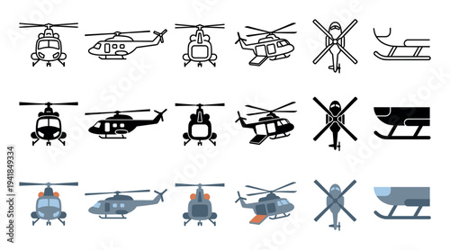 Large collection of helicopter vector icons in three different styles: line art, solid glyph, and flat color, showing various angles like front, side, and top views