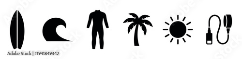 Set of black surfing icons including a surfboard, wave, wetsuit, palm tree, sun, and leash in a minimalist silhouette style for summer vacation and water sports concepts