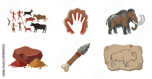 Set of prehistoric Stone Age illustrations showing cave art paintings, a woolly mammoth, a primitive spear, and ochre pigments for drawing