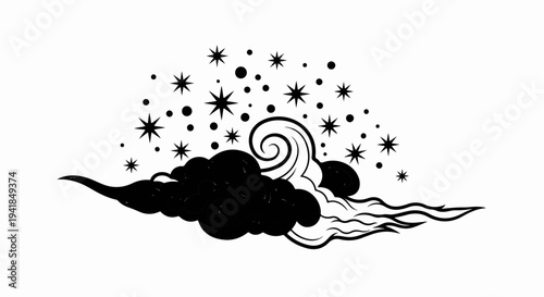 Stylized dark cloud with swirling vapor and scattered bright stars