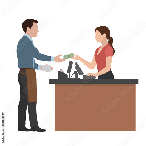 A vector graphic illustration of a man paying a woman at a counter
