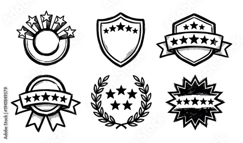 Six black hand-drawn award badges and quality rating icons in a sketchy grunge style, featuring stars, shields, ribbons, and laurel wreath elements