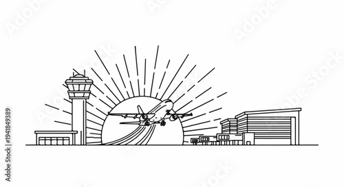 Stylized airport scene with airplane taking off and control tower