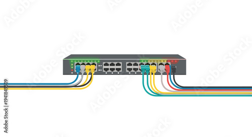 A gray network switch, equipped with numerous ports, has multiple colorful ethernet cables securely plugged into its front, extending horizontally on a clean white background.