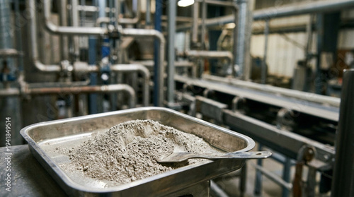 Rare earth minerals industry interior rare earth mineral powder industrial process factory metallurgy geopolitics tension concept