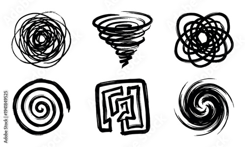 Set of six hand-drawn abstract shapes including a spiral, tornado, vortex, and maze, created with black grunge brushstrokes in a chaotic, sketchy, and artistic style