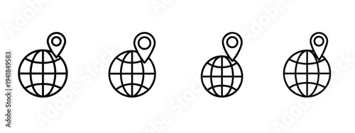 Globe and location pin outline icon set featuring world network and earth navigation for global travel and address positioning and more vector illustration or editable stroke