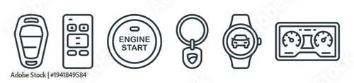 Set of modern car technology line icons showing keyless entry, a remote fob, engine start button, smartwatch app, and a digital dashboard for automotive concepts