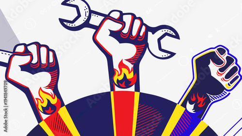 Fists holding wrenches with a colorful background and abstract design