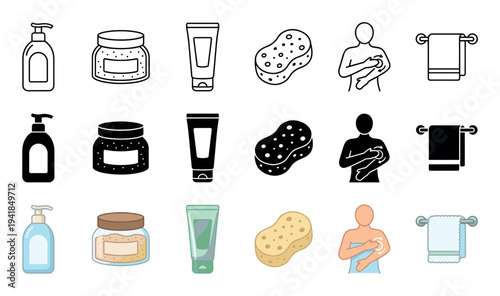 Set of skincare and hygiene vector icons illustrating personal care products and actions in three distinct styles: thin line, black silhouette, and simple color