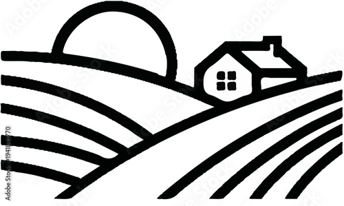 Stylized depiction of a house on rolling hills under a rising sun