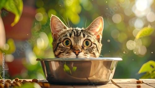 Curious Cat Peeking Over a Bowl in a Sunny Garden.