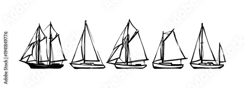 Five hand-drawn black ink sailboats in a row, a collection of various sailing ships and yachts depicted in a minimalist, sketchy, graphic brushstroke style illustration