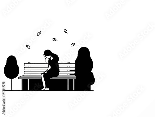 Solitary figure on bench, head in hands, autumn leaves fall around