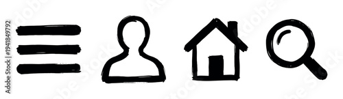 Set of four black hand-drawn user interface icons including a menu, profile, home, and search symbol, all created with a rough, artistic grunge brushstroke texture