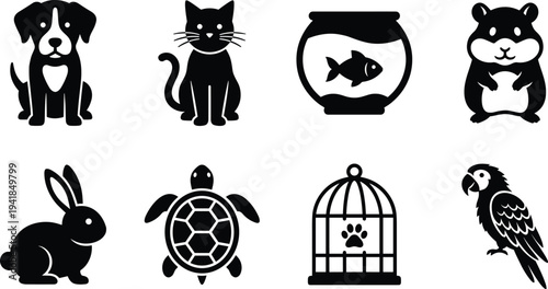Set of Common Household Pets and Animals Icons Including Dog, Cat, Fish, Hamster, Rabbit, Turtle, Bird, and Cage