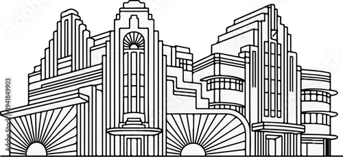 Stylized Art Deco cityscape with sunburst elements and geometric architecture