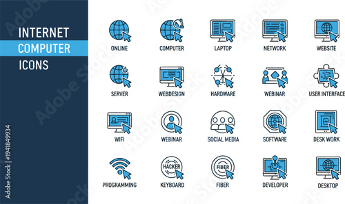 Blue and Black Internet Computer Icon Set Featuring Website, Network, Server, Programming, Software, Webinar, Hardware, Fiber, and Digital Technology Symbols.