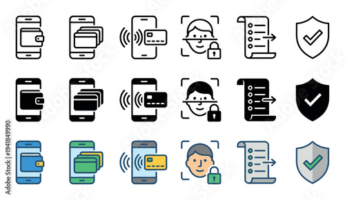 Collection of mobile banking and payment icons in outline, solid, and color styles, illustrating digital wallet, contactless pay, biometric security, and transaction concepts