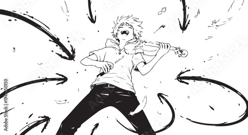 Vector illustration of man playing violin with dynamic motion lines