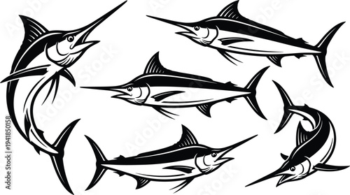 Set of Stylized Black and White Marlin Fish Vector Illustrations for Sports Fishing Logos and Marine Graphic Designs