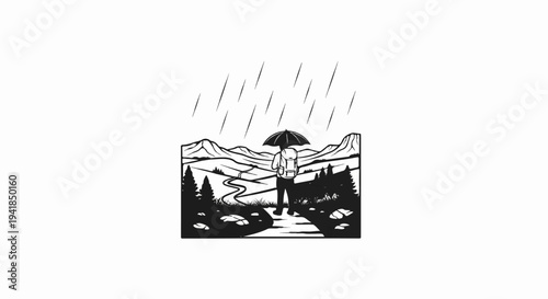 Solitary hiker braves rainy landscape with backpack and umbrella
