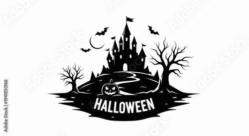 Spooky castle with carved pumpkin, bats, and bare trees under a crescent moon