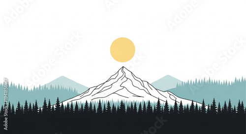 Stylized Mountain Landscape with Sun and Forest.