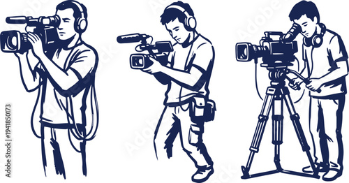 Hand Drawn Cameraman Set Vector Illustration, Professional Videographer Filming Sketch Collection.