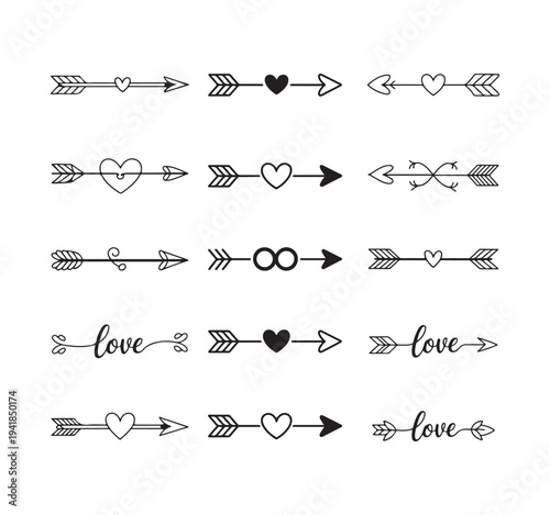 Romantic heart arrow collection with script love text and decorative flourishes for wedding cards