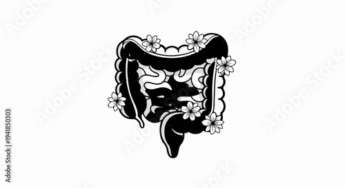 Stylized depiction of intestines with decorative flowers