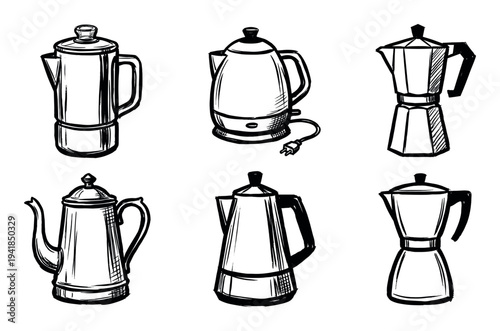 Collection of hand-drawn coffee pots and kettles in a black and white sketch style, featuring various designs like moka pots, percolators, and an electric kettle for brewing