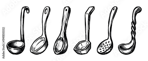 Six various kitchen ladles and spoons are hand-drawn in a classic black and white sketch style, showcasing different cooking utensils with intricate details and a vintage aesthetic
