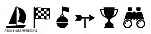 Black silhouette icons for a yacht race featuring a sailboat, checkered flag, marker buoy, direction arrow, winner's trophy, and binoculars in a minimalist graphic style
