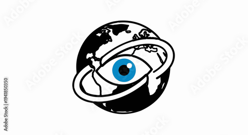 Stylized globe with a blue eye and orbiting rings