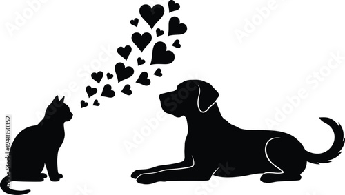 Silhouette of a cat and a dog facing each other with a stream of hearts floating between the two animals.