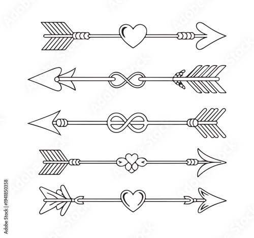 Decorative arrows with hearts and infinity symbols, line art cupid's arrows for design elements