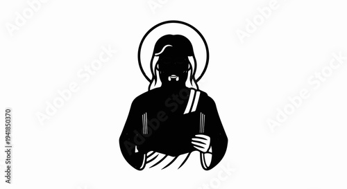 Stylized graphic depiction of a religious figure with halo