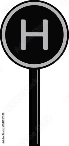 Stylized graphic of a black circle with a grey 'H' and a black pole