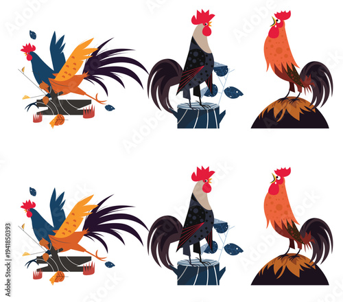 Cartoon rooster and chicken farm birds vector illustration set isolated on background